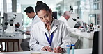 Writing notes, laboratory and woman with sample for medical research, vaccine and medicine development. Healthcare, pharmaceutical and scientist with test tube for discovery, experiment and analysis