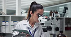 Microscope, science and woman on tablet for experiment, chemistry research and drugs development. Medical, microbiology and scientist with biotechnology for pharma, exam or check test results in lab