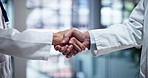 Shaking hands, medical and scientists in laboratory with deal for pharmaceutical innovation. Agreement, science and professional biologists with handshake for healthcare partnership or collaboration.