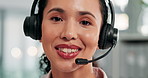 Call center, microphone and face of woman with consulting for customer service, virtual assistance and advice. Telemarketing, agent POV and happy with lead generation, inbound query and discussion