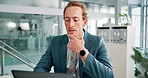 Laptop, thinking and review with business man at desk in office for administration or research.  Computer, information and reading with employee in workplace for feedback, problem solving or report
