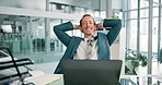 Office, businessman and laptop with smile for stretching, finish work and accountant for corporate. Workplace, male person and auditor with rest after auditing deadline, completed report and happy 