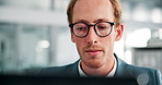 Office, businessman and accountant with laptop for reading, financial investment and information. Career, male person and auditor with technology for finance research, review revenue or online report
