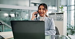 Laptop, phone call and review with business woman at desk in office for administration or research. Communication, computer and update with Indian employee in workplace for online feedback or report