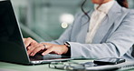 Hands, typing and businesswoman with laptop in office for research on legal case for civil justice. Computer, tech and female attorney with email for law contract with communication in workplace.