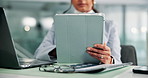 Hands, business and woman in office, tablet and social media with connection, ad agency and email. Closeup, person and sales consultant in workplace, tech and website info with message to contact