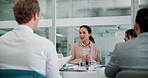 Business, woman and meeting with discussion in office for planning, proposal pitch and finance ideas. People, talking and brainstorming of profit growth, investment feedback and financial negotiation