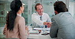 Handshake, success and business people in office, job interview and agreement with b2b deal. Employees, professional and recruitment with thank you, shaking hands and hiring with promotion and smile
