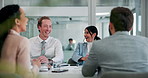 Business people, meeting and discussion with group laughing in back office, story and accounting joke. Happy team, collaboration or planning strategy, talk and humor with funny financial manager