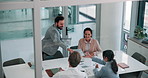 Meeting, paperwork and above of business people with report for feedback, project and finance review. Professional, corporate and men and women with documents for discussion, teamwork and planning