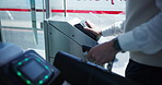 Hands, man and smartphone payment for public transport, easy tap system and fintech. Passenger, person and digital purchase at bus terminal for virtual ticket, contactless machine and city commute