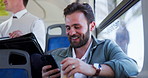 Happy man, phone and bus with coffee for travel, morning commute or social media in public transport. Male person, traveler and smile with mobile smartphone, drink or caffeine in vehicle for tourism