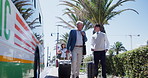 Bus, walking and business men in city for journey, commute and travel to work in urban town. Public transport, passenger and manager with assistant for appointment, meeting and schedule on trip