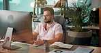 Business, man and typing on computer in office for ESG report, funding proposal and eco friendly project deadline. Night, sustainable finance manager and tech for risk management and financial review