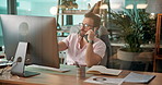 Phone call, business and man in office, computer and conversation with sales agent. Person, consultant or employee in workplace, cellphone or company website with virtual meeting, talking or planning