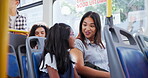 Love, mother and child travel on bus with talking, city commute and holiday adventure. Bonding, woman and curious girl on public transport with family trip, traffic chat and journey for weekend break