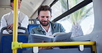 Happy man, bus and reading with book for travel, commute or management knowledge in public transport. Male person, traveler or smile with novel or insight for tourism, business opportunity or journey