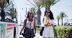 Bus, friends and women in city for travel, journey and commute for tourism on weekend. Public transport, station and people in urban town enter vehicle for trip, adventure and explore together