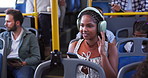 Headphones, mobile and woman in bus for travel, journey and streaming sound on morning commute. Public transportation, music and person with phone to listen to song, audio and happy passenger relax