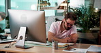 Computer, web development and writing with man coding software in office for launch or testing. Design, reading and programming with developer employee at desk in workplace for infrastructure code