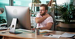 Computer, shoulder pain and web development with man coding software in office for launch or testing. Design, discomfort and massage with developer employee at desk in workplace for infrastructure