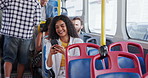 Bus, happy and girl with phone for travel, commute and journey on metro service in city. Public transport, passenger and woman on smartphone for internet, social media and chat for trip in town