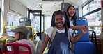 Excited, mother and child with dance on bus for morning commute, school destination and travel. Woman, girl and smile on public transportation for journey together, safety and child bonding on trip