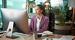 Business, woman and typing on computer at desk for financial report, investment proposal or ESG management. Night, sustainable finance manager and tech for administration deadline or project solution
