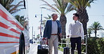 Bus, walking and business men for travel, commute and journey to work in urban town. Public transport, passenger and manager with assistant for appointment, meeting and schedule on trip in city