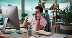 Phone call, talking and man in office, computer and conversation with publisher. Advice, consultant or employee in workplace, smartphone or company website with discussion for schedule and feedback