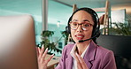 Advisor, computer or woman in customer service for financial consulting, loan faq or online advice. CRM, smile or consultant talking in call center for telemarketing, finance help or communication