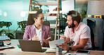 Collaboration, documents and laptop with business people in office together for financial report. Computer, conversation and paperwork with employee team in workplace for administration or discussion