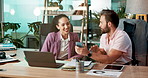 Collaboration, laptop and phone with business people in office together for financial report. Computer, conversation and social media with employee team in workplace for administration or discussion