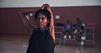 Stretching, athlete and sports with black woman on basketball court for competition game, training and fitness. Workout, warm up and muscle with person in gym for challenge, exercise and wellness
