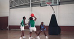 Basketball player, girls team and sports, competition practice and fitness exercise. African women, ball game and training at court for workout together, dribble and athlete shoot for challenge