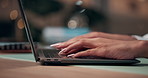 Hands, business and person typing on laptop with research, schedule update and financial report. Woman, online and information for email feedback, finance management and investment proposal in office