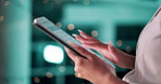 Screen, browsing and hands with tablet, office and research for industry trends on web, bokeh and app. Online, media manager and person with tech for info, scroll and planning for marketing campaign