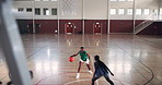 Girls, basketball and team for sports, workout and practice for fitness in competition. African women, training and player at court for exercise, dribble and athlete jump to shoot for challenge above