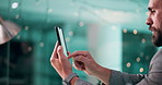 Business, employee and man with smartphone, browsing and serious with tech for project and digital. Bokeh, account manager and person with mobile for schedule, scroll and checking email in office