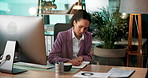 Business, woman and office for writing in notebook for planning, finance checklist and schedule update. Accountant, computer and financial notes, information report and ideas for investment reminder