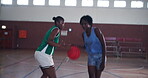Sports, fitness and women with basketball game, challenge and competition with wellness. Players, training and athletes on court, health and practice with energy, cardio and people with support