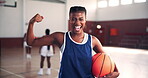 Flex, face and sports with black woman on basketball court for competition game, training and fitness. Workout, athlete and muscle with person pointing in gym for challenge, exercise and wellness