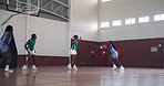 Basketball player, black women and team with sports, competition practice or fitness exercise. Girls, ball game and training at court for workout together, jump and athlete score goal for challenge