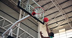 Dunk, match and player with basketball, net and achievement for person in competition, sports and college. Success, student and playing in university for scholarship, win and games for tournament