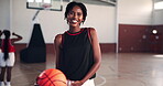 Happy, face and sports with black woman on basketball court for competition game, training and fitness. Workout, athlete and talent with female person in gym for challenge, exercise and wellness