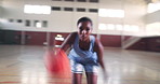 Athlete, black woman and dribble basketball with sports training, competition practice and court game. Player, motion and energy with fitness skills for challenge, workout match and speed performance