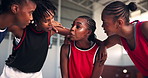 Netball, people or talking in huddle for motivation, teamwork and support in indoor competition. Black women, group leader or girl athletes screaming for inspiration, exercise or training fitness