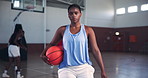 Fitness, face and woman in basketball court, confident and training for competition, college and sports. Active, athlete and black person in gymnasium for match, student or practice for game in Kenya