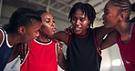 Huddle, support and teamwork with black women on basketball court for sports, game and friends. Solidarity, training strategy and competition with group of people in gym for fitness and discussion