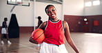 Basketball, sports and face of happy woman on court for training, exercise and workout in gymnasium. Fitness, athlete and portrait of person with ball for match, competition and practice for game